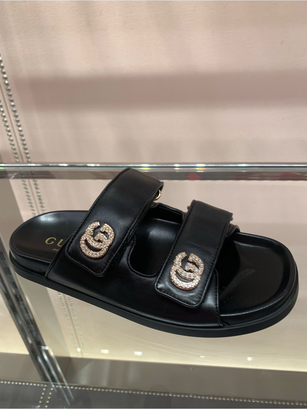 Gucci Black Leather Double-Strap Slide with Crystal GG